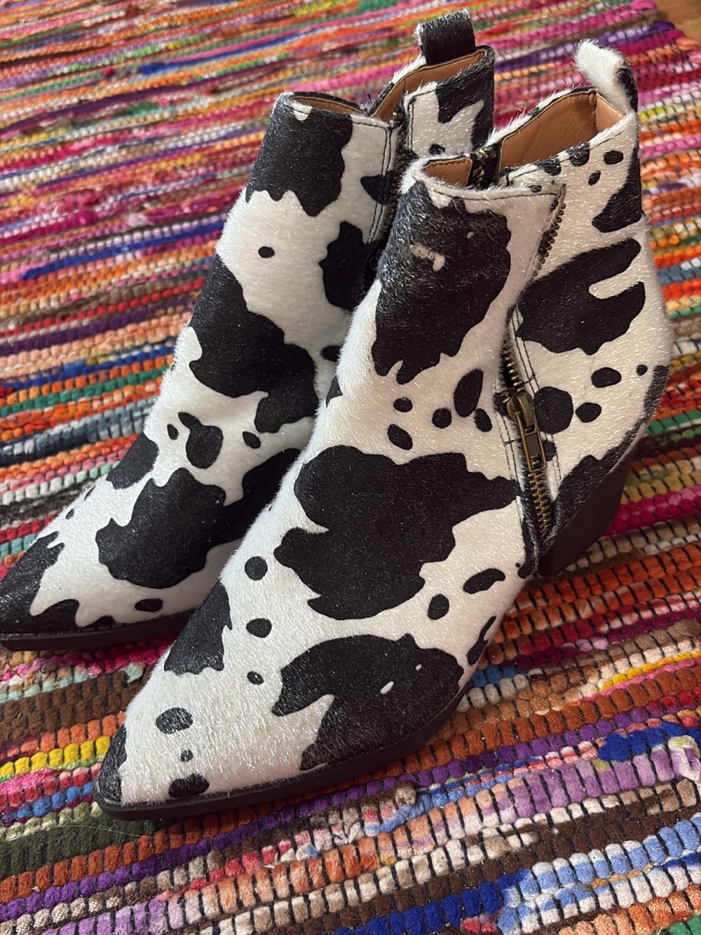 Cow Print Pointed Toe Ankle Boots - Black & White Size 9